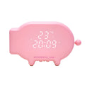 Blue LED digital alarm clock showing time and temperature with USB charging port
