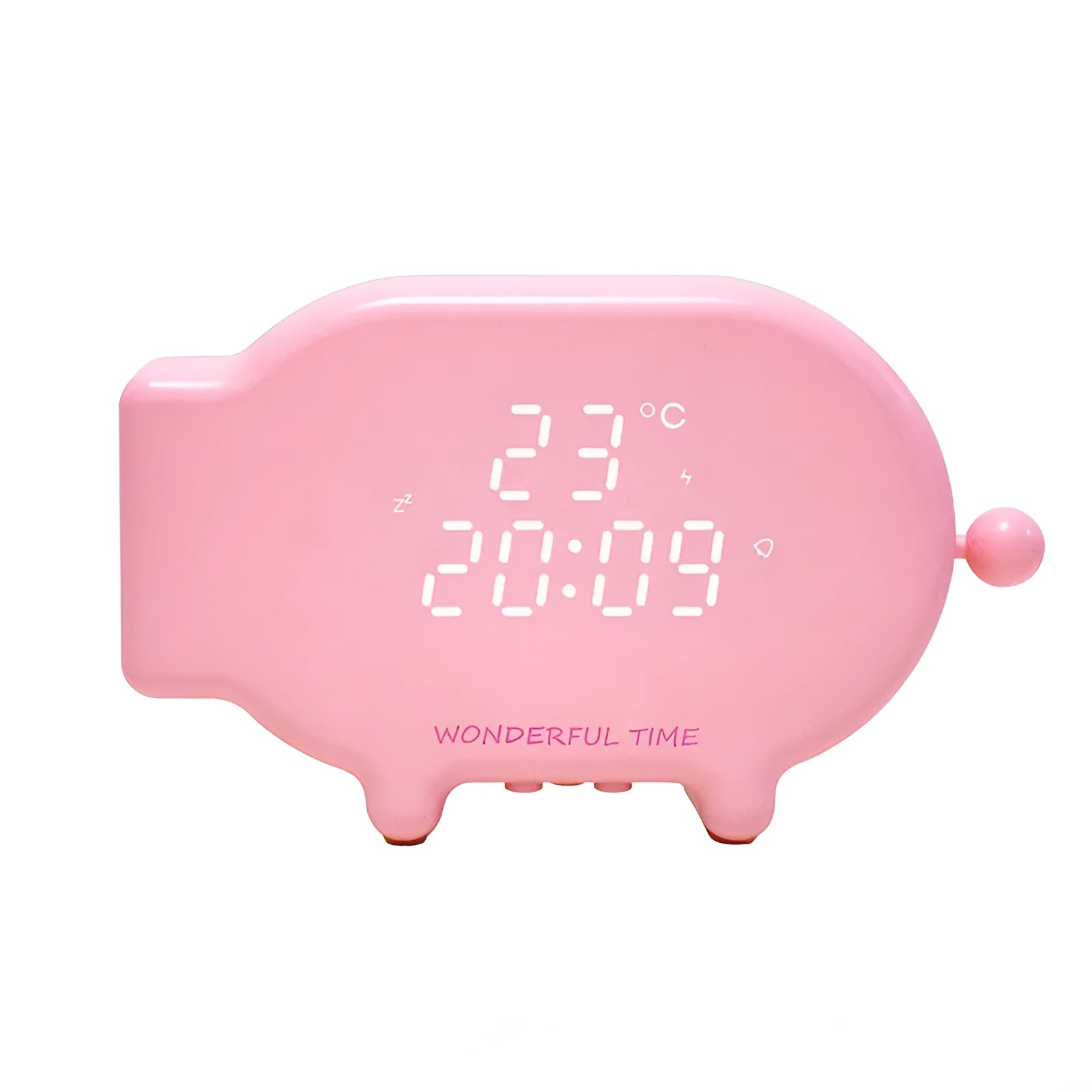 Blue LED digital alarm clock showing time and temperature with USB charging port