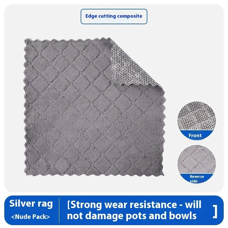 Silver wire kitchen scrubber with attached microfibre rag for double-sided pot cleaning
