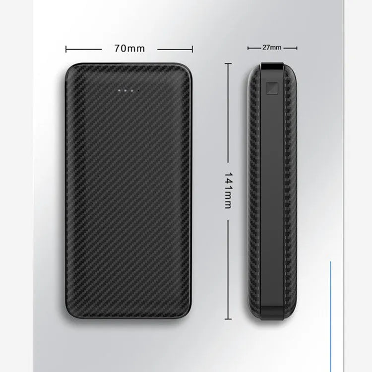 Black portable power bank with multi-port USB output, slim 139x70x15mm size, 10000mAh capacity