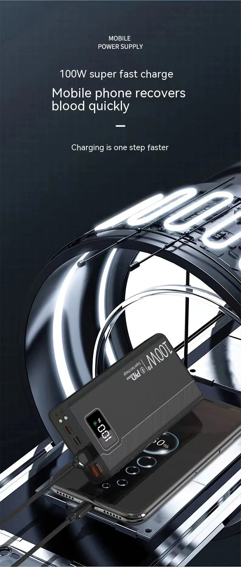 Black and white high capacity power bank showing front view with dimensions