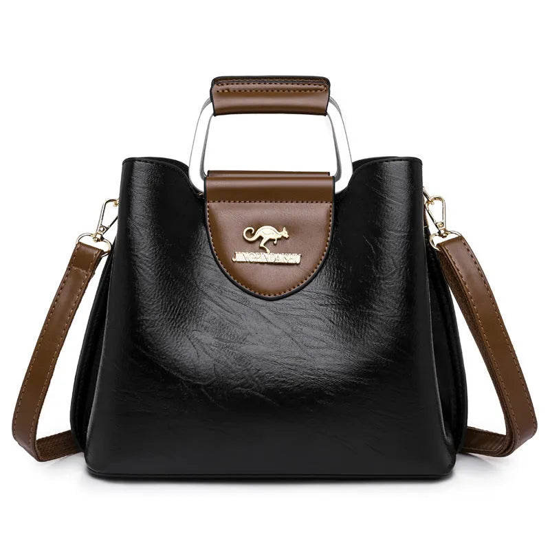 Large capacity PU tote bag in soft leather-look texture horizontal square shape with sewing line detail available in Black Dark Brown Green Red