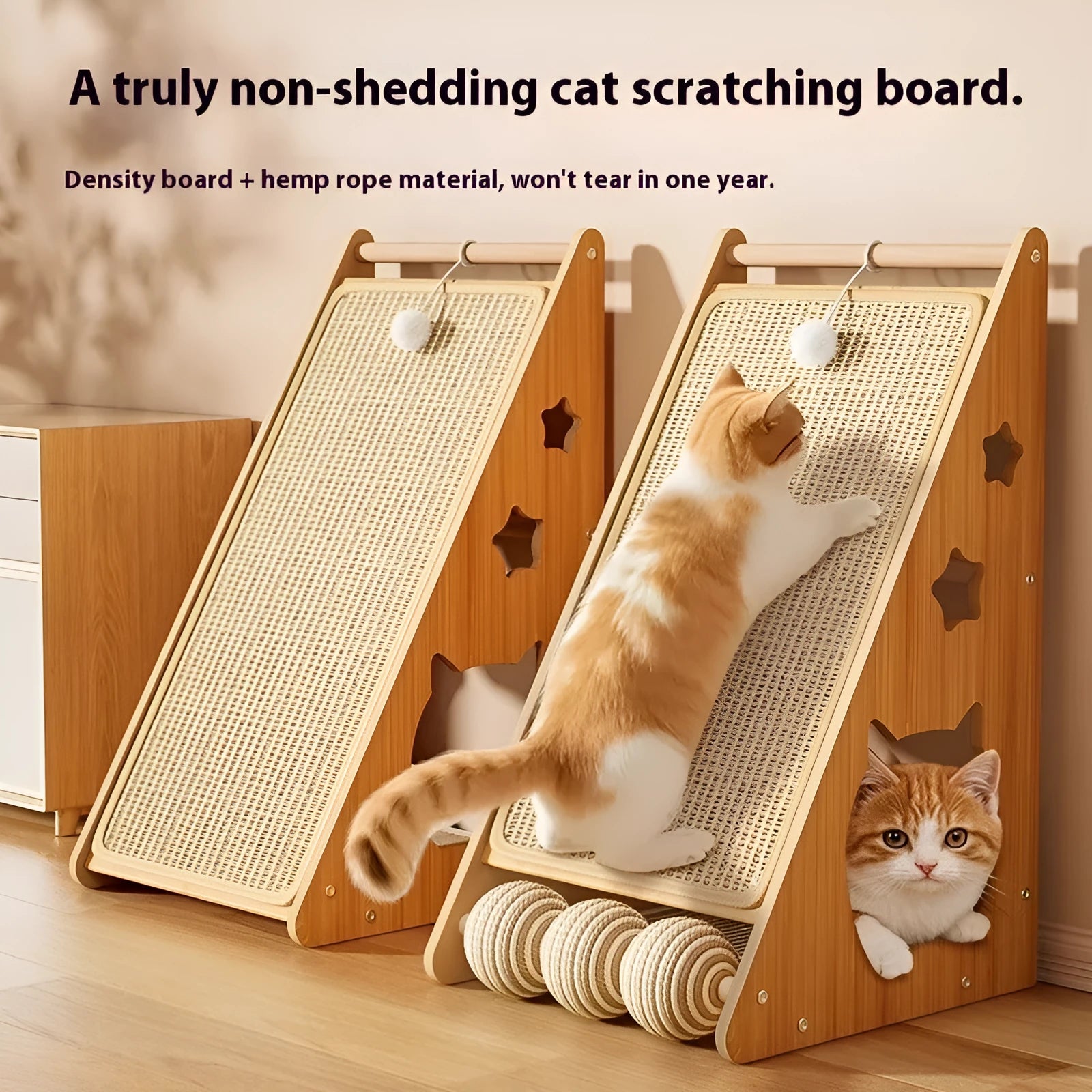 Vertical wall-mounted cat scratch board with sisal and hemp rope, featuring a dangling teasing ball.