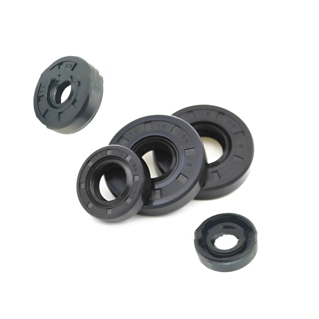 AG100 motorcycle rubber engine oil seal kit showing multiple black seals with carbon steel frames