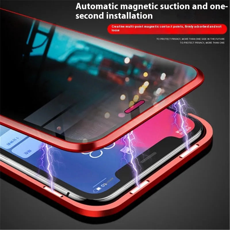 Magnetic double-sided peep-proof glass phone case in black for iPhone 13 to 16 series with metal frame