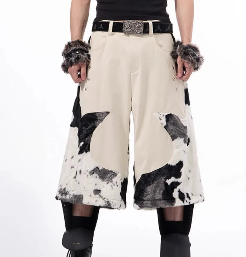 Fashionable milk fibre fur cropped trousers in a patterned design for teenagers.