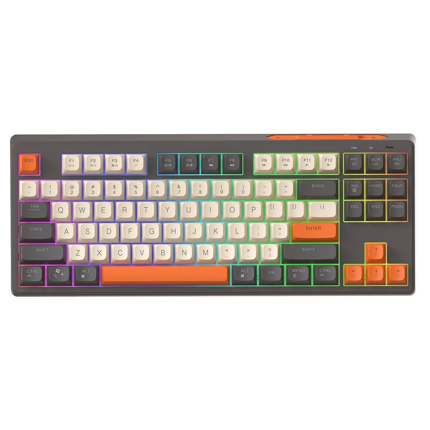Wolf M87 wireless Bluetooth dual-mode mechanical keyboard in blueberry colour on a wooden desk.