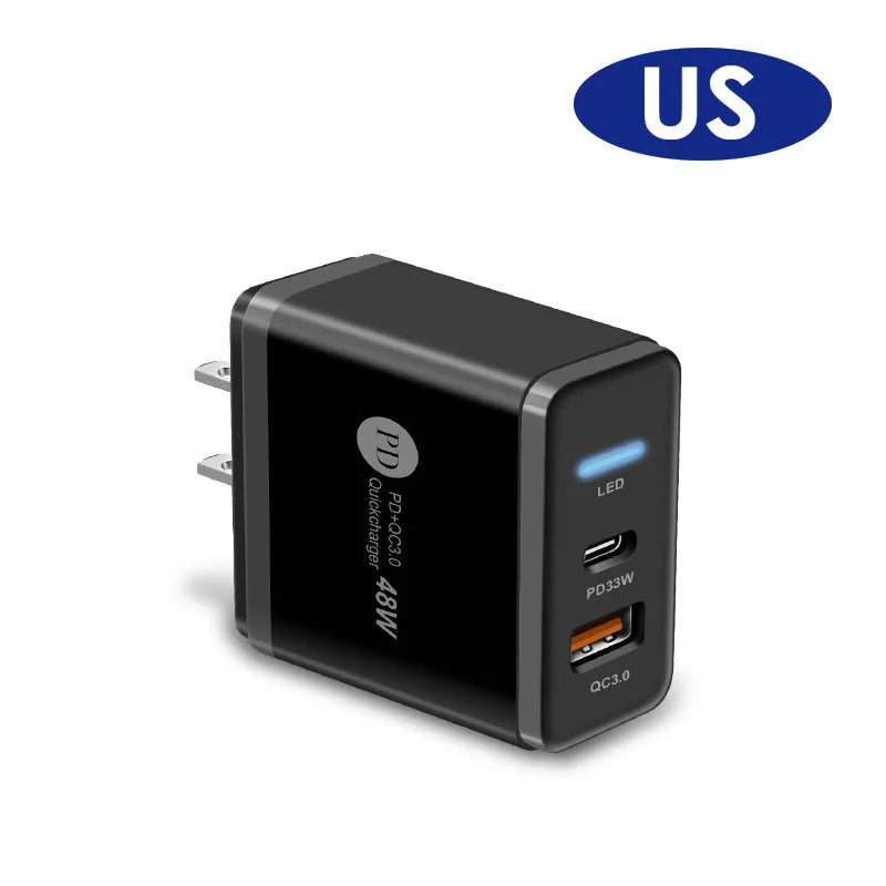 PD48W travel charger with USB-C port and multiple plug variants for UK, EU and US regions
