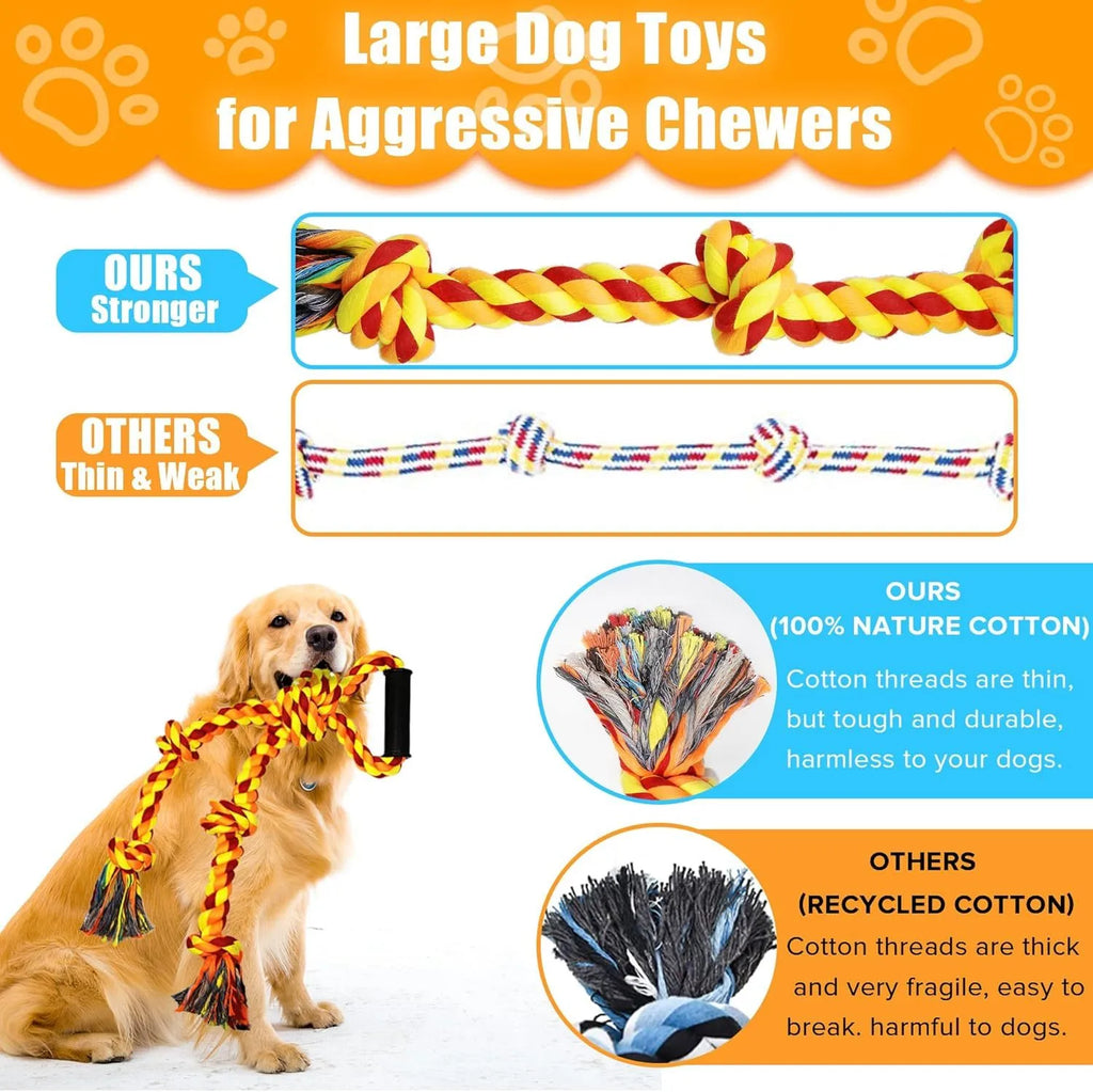 Blue and yellow durable cotton dog tug rope toy with ergonomic handle for large breeds.
