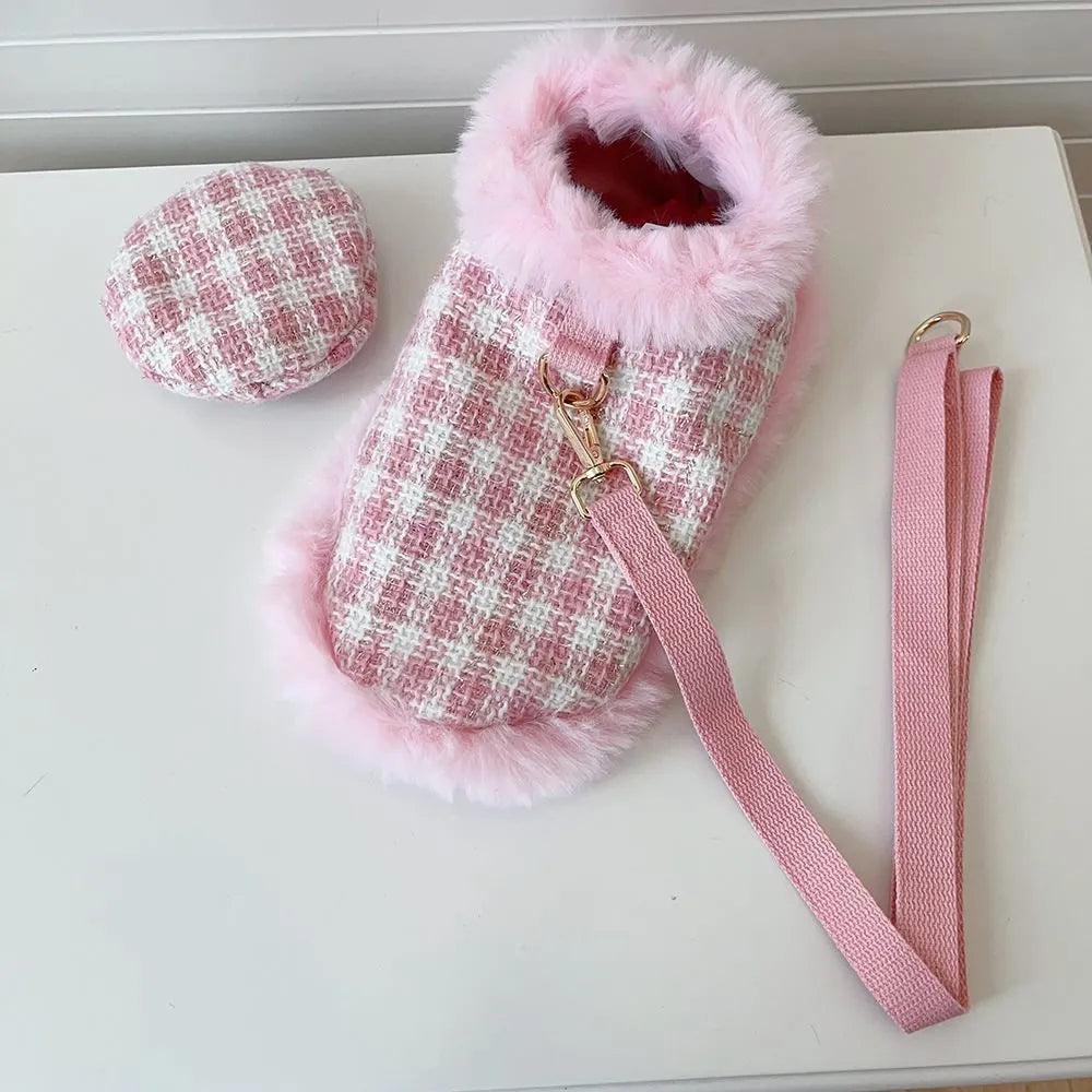 Pink cat clothing set with beret, cloak, and hand-holding rope accessory for female cats