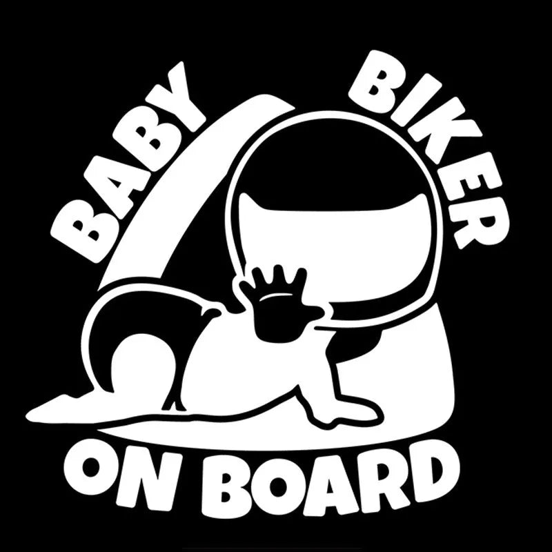 Reflective black and white Baby On Board warning sticker for car windows, measuring 14.5cm by 15cm.
