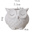 Handmade frosted ceramic owl succulent pot in pastel colour on a wooden surface.
