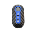 Fiat 500 Boyue Ottimo Viaggio carbon fibre design remote key case in black, red, and dark blue colours.
