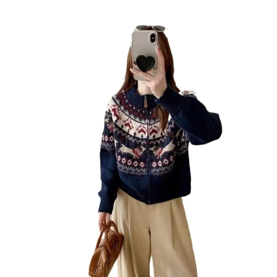 Ethnic style jacquard pullover sweater with 3D pattern in apricot or navy blue colour