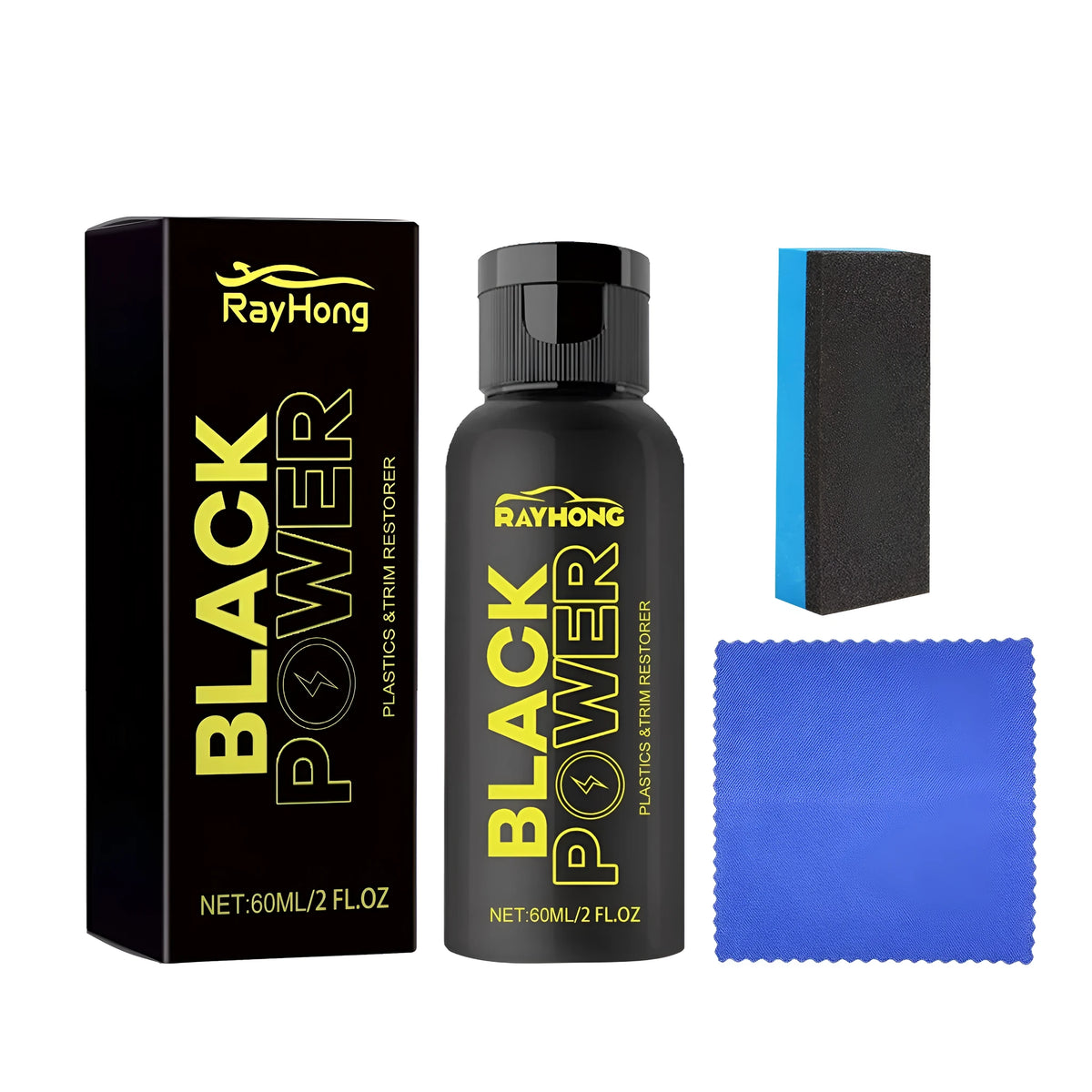 Automotive plastic refurbishment agent set with 60ml bottle, sponge, and cloth