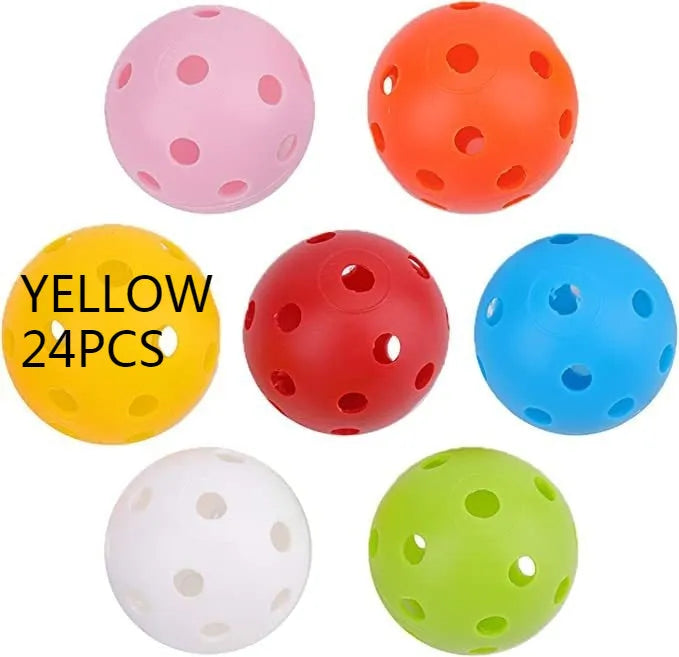 Multi-coloured golf practice balls in net storage pocket for putting training