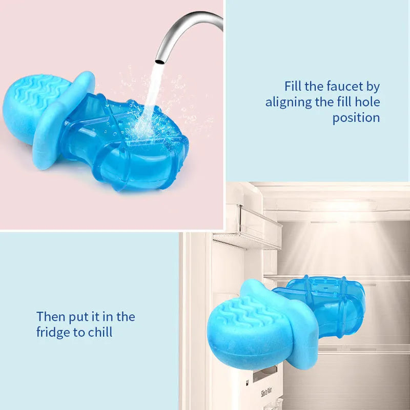 Set of three dog cooling toys: pacifier, popsicle, and ring, designed to be filled with water and frozen.