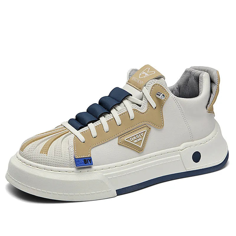 Men's beige and black low-top sneakers with elastic band closure and round toe