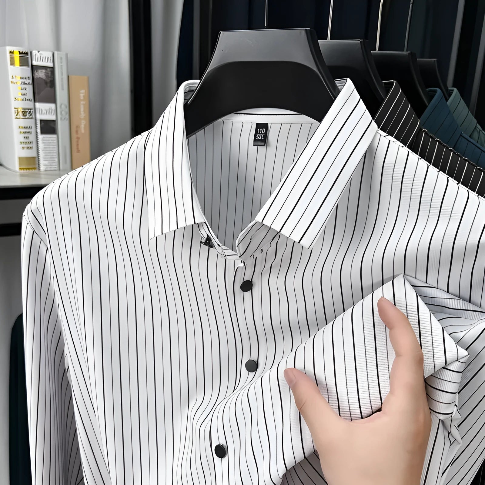 Men's vertical striped cardigan shirt in recycled fibre blend with long sleeves, available in multiple colours