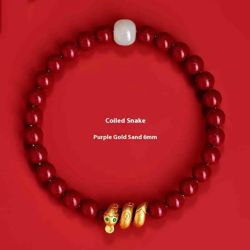 Handmade Chinese-style cinnabar bracelet with snake zodiac beads, shown in 6mm and 8mm size options.