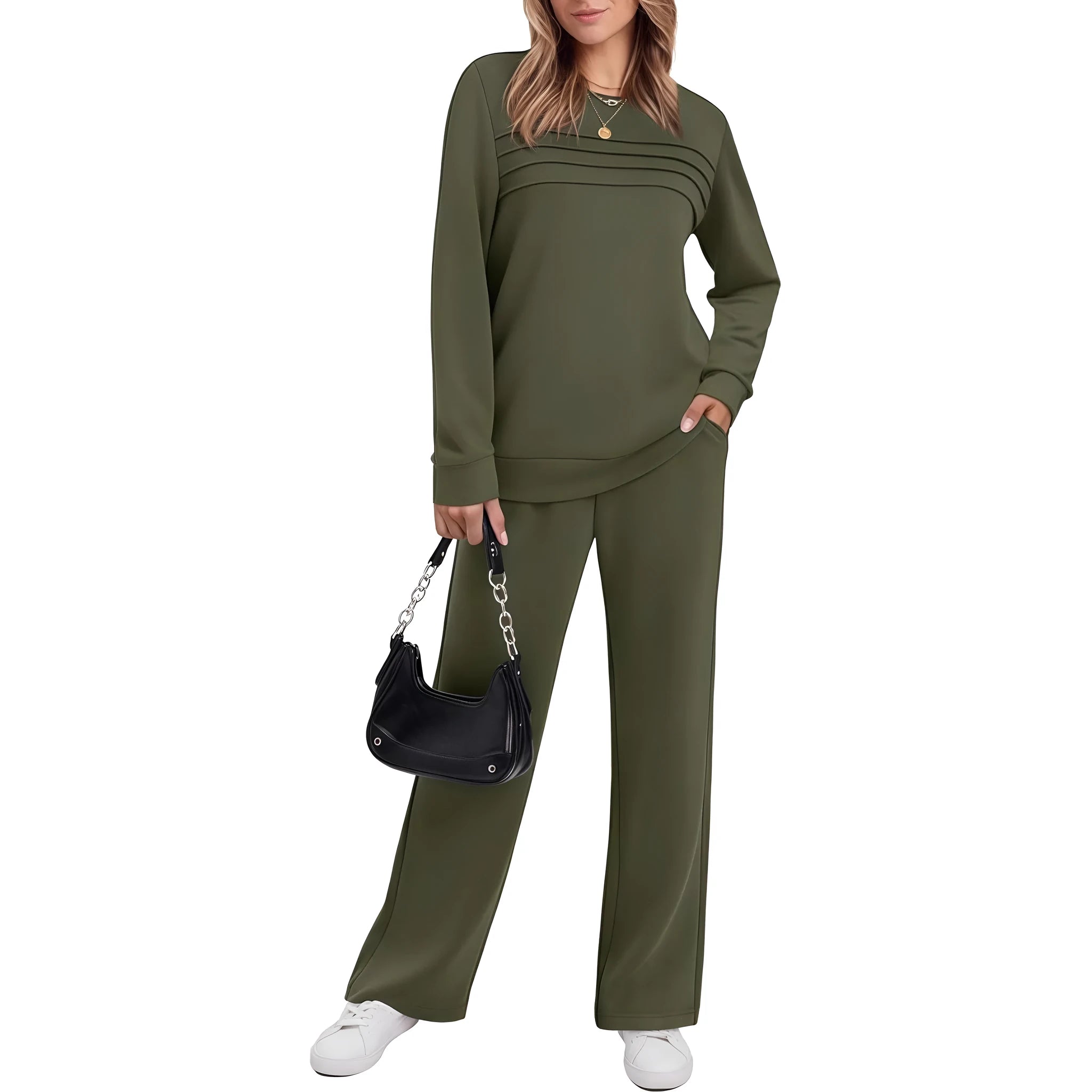 Women's casual long sleeve solid colour drawstring trousers suit set in army green with regular sleeves and polyester fabric