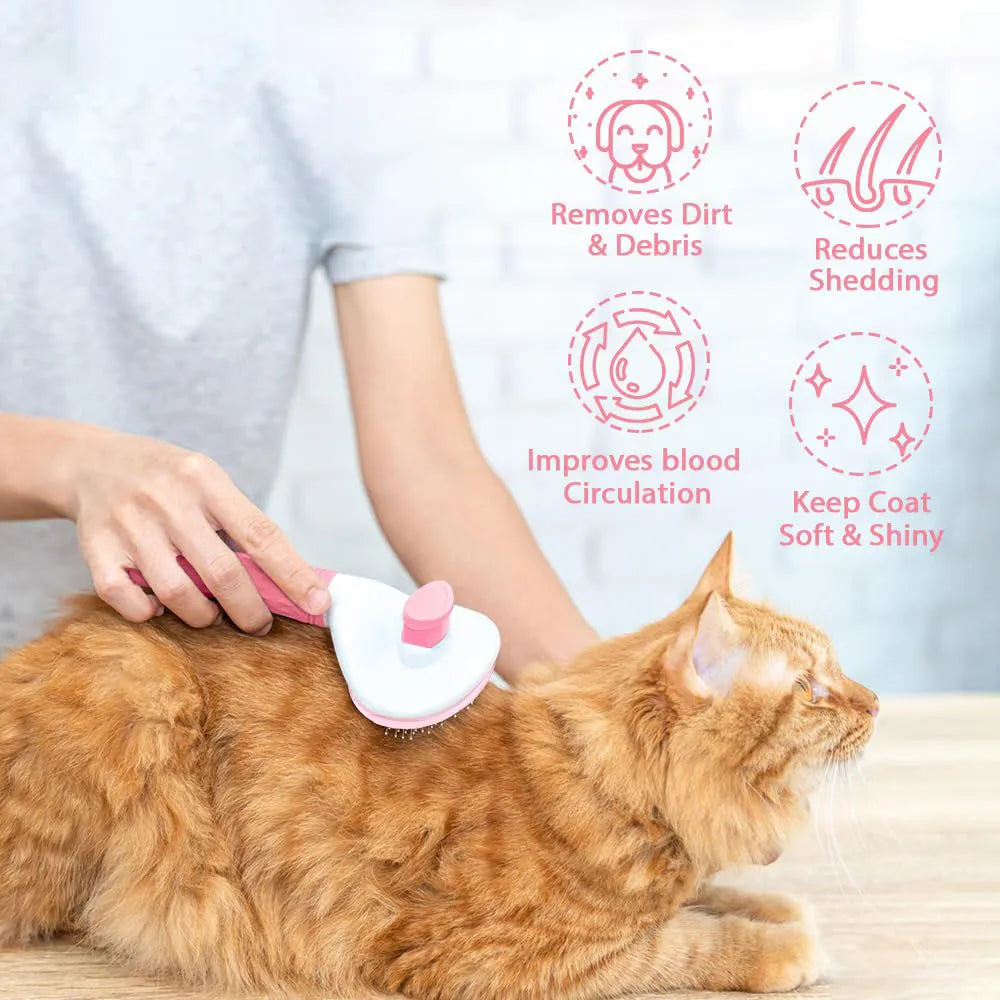 Blue cat grooming brush with a release button and fine wire bristles on a grey background.