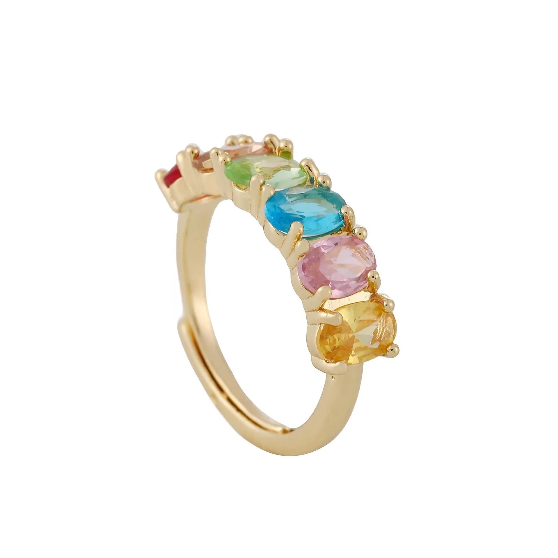 Gold-coloured adjustable zircon ring with simple retro design on a white background