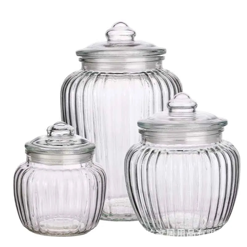 Clear thickened glass sealed can with vertical pattern and black lid