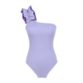 A blue women's one-piece swimsuit with a single suspender strap and a high-waist cut on a mannequin.
