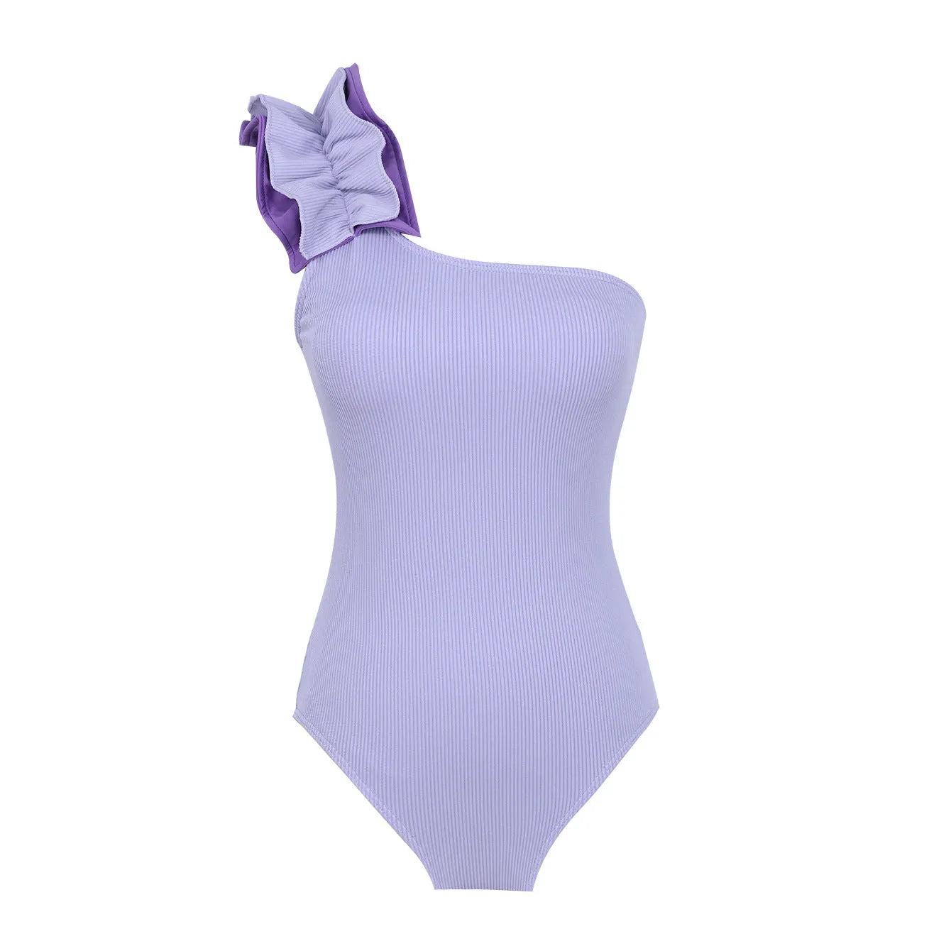 A blue women's one-piece swimsuit with a single suspender strap and a high-waist cut on a mannequin.