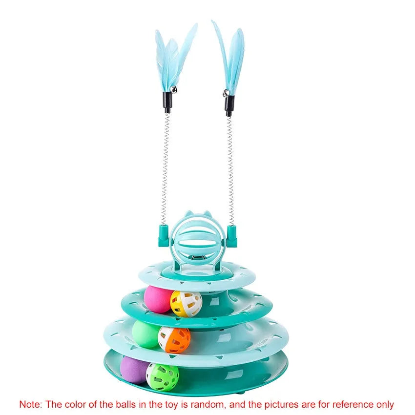 Blue 4-tier cat puzzle toy with 6 sliding balls and teasing rods on circular track
