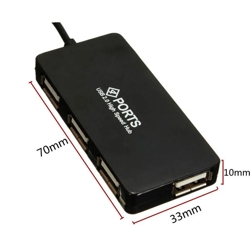 Black 4-port USB hub with 14.5cm cable and compact rectangular casing