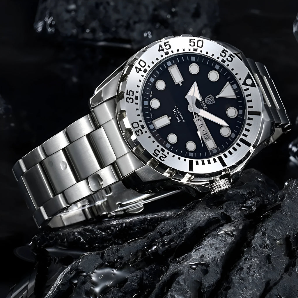 Men's waterproof luminous quartz sports watch with blue dial and steel bracelet