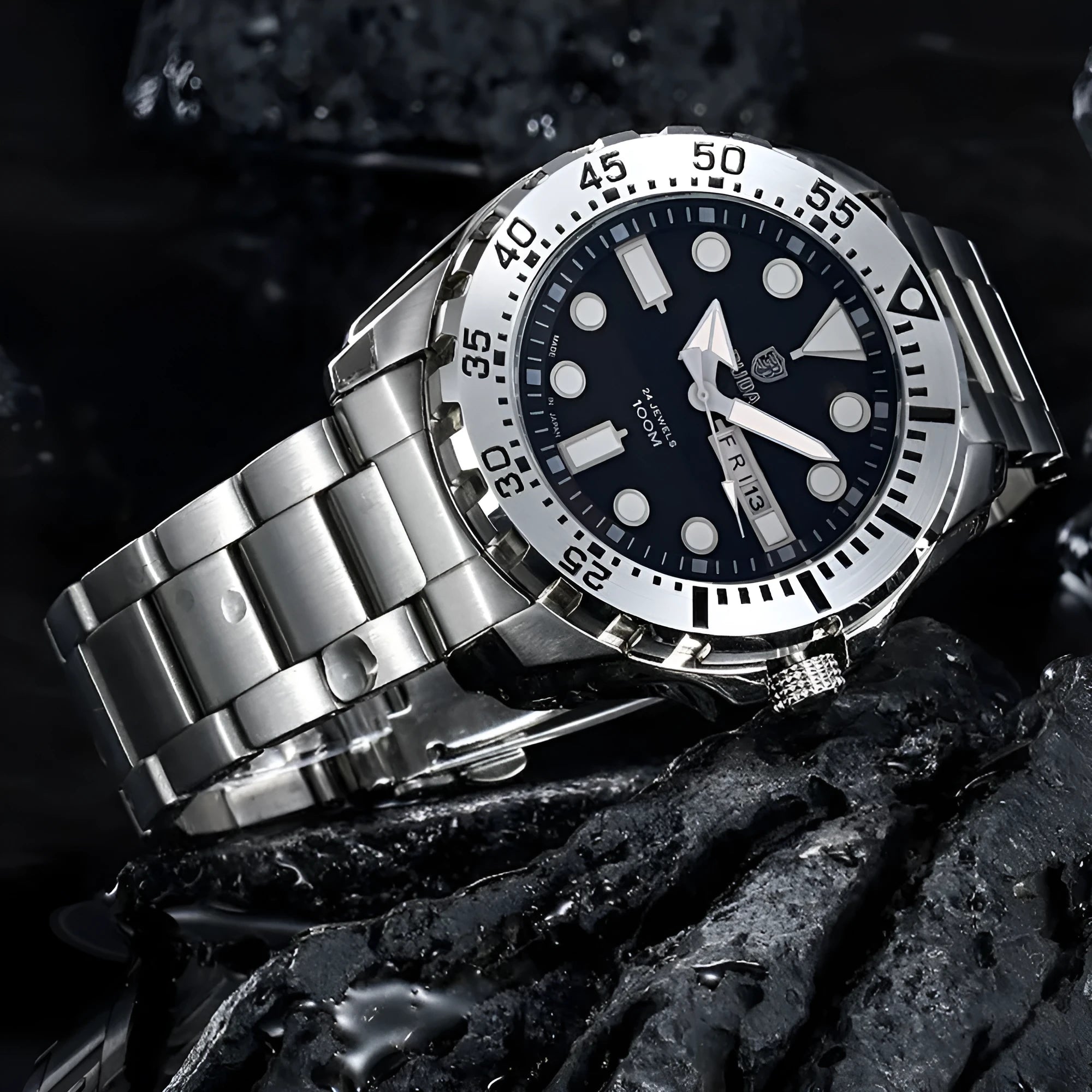Men's waterproof luminous quartz sports watch with blue dial and steel bracelet