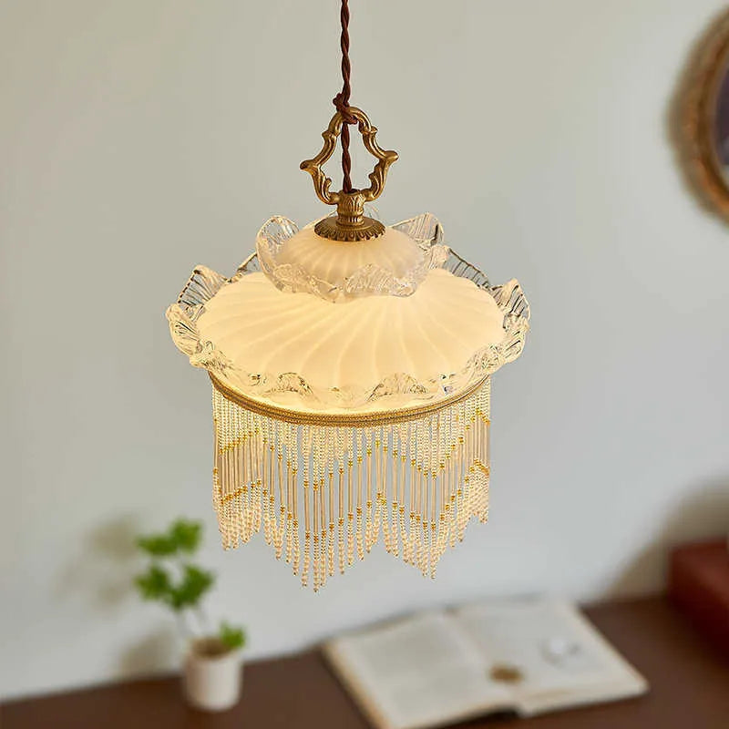 Tassel chandelier with copper lamp body and glass lampshade for dining room or bedroom