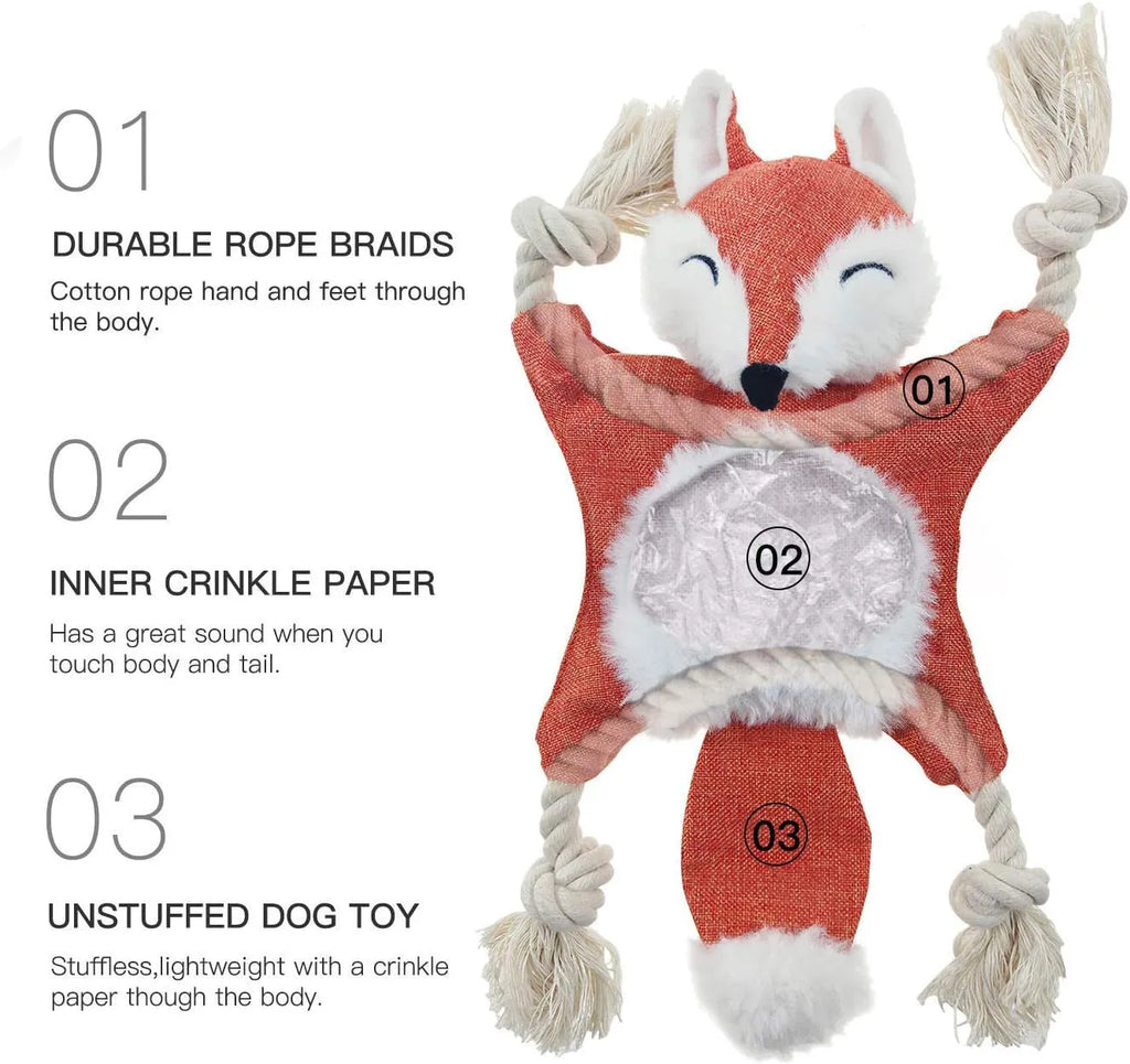 Brown fox dog toy with squeaker, crinkle paper, and cotton rope through limbs