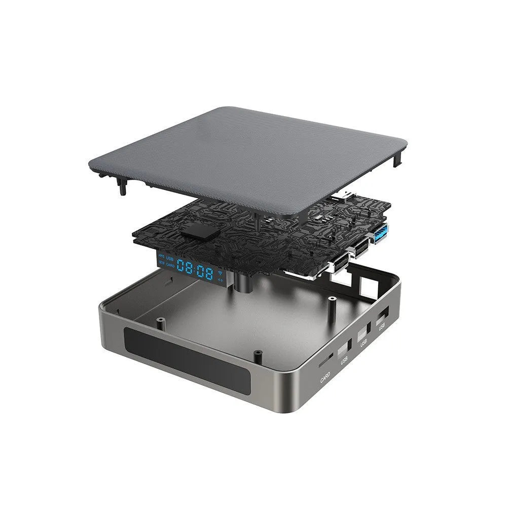 Black Android 8K TV set-top box with remote control, UK plug, and HDMI cable on a wooden surface.