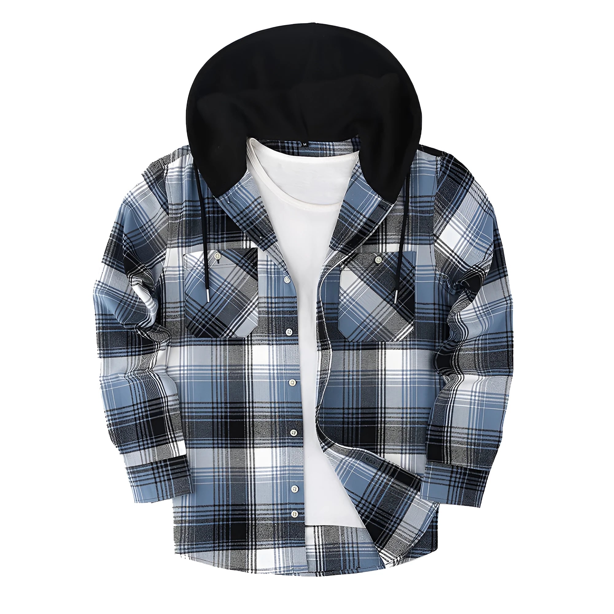 Loose fit casual flannel hooded plaid shirt in polyester with multiple colour options