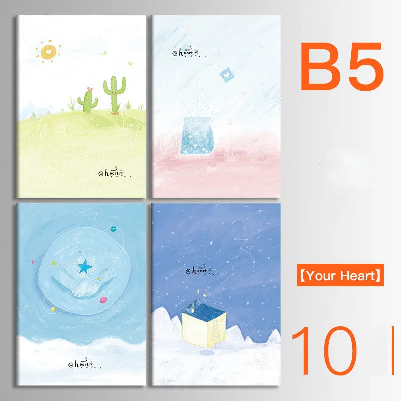 Pack of 10 A5 and B5 soft cover kraft paper notebooks with various designs, showing thread binding.