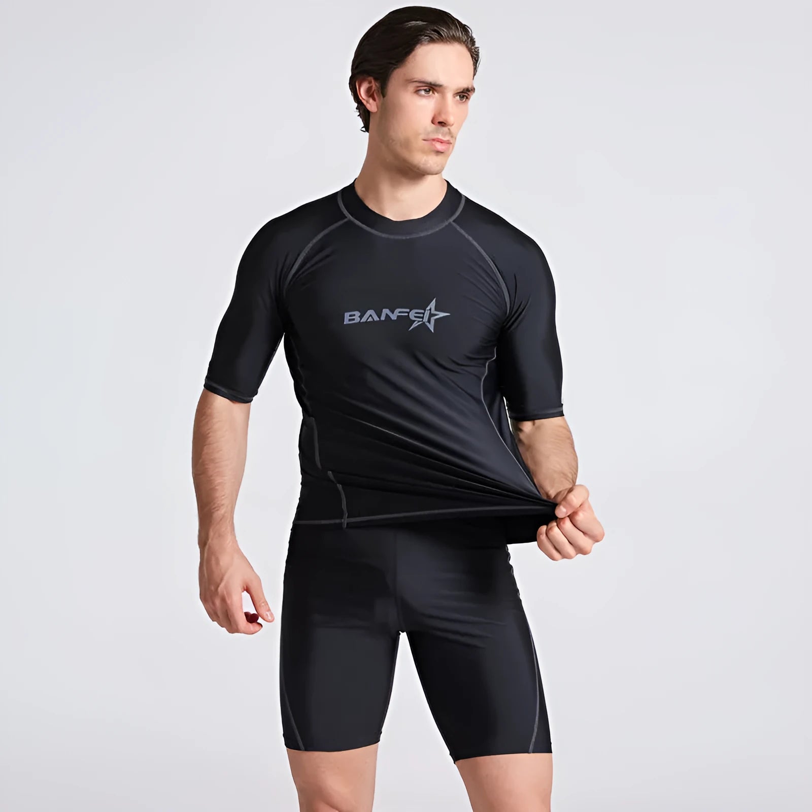 Men's blue quick-dry half sleeve swimsuit for surfing and snorkelling with nylon fabric
