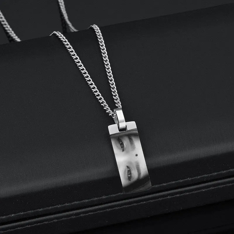 Custom stainless steel photo necklace with engraved eye design, geometric shape, and electroplating finish in a range of colours