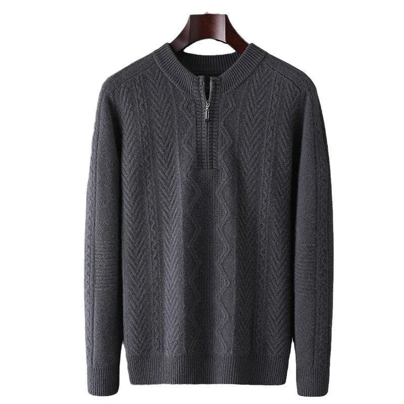 Man wearing a milky white pure wool sweater with a diamond lattice pattern and a half-zip front.
