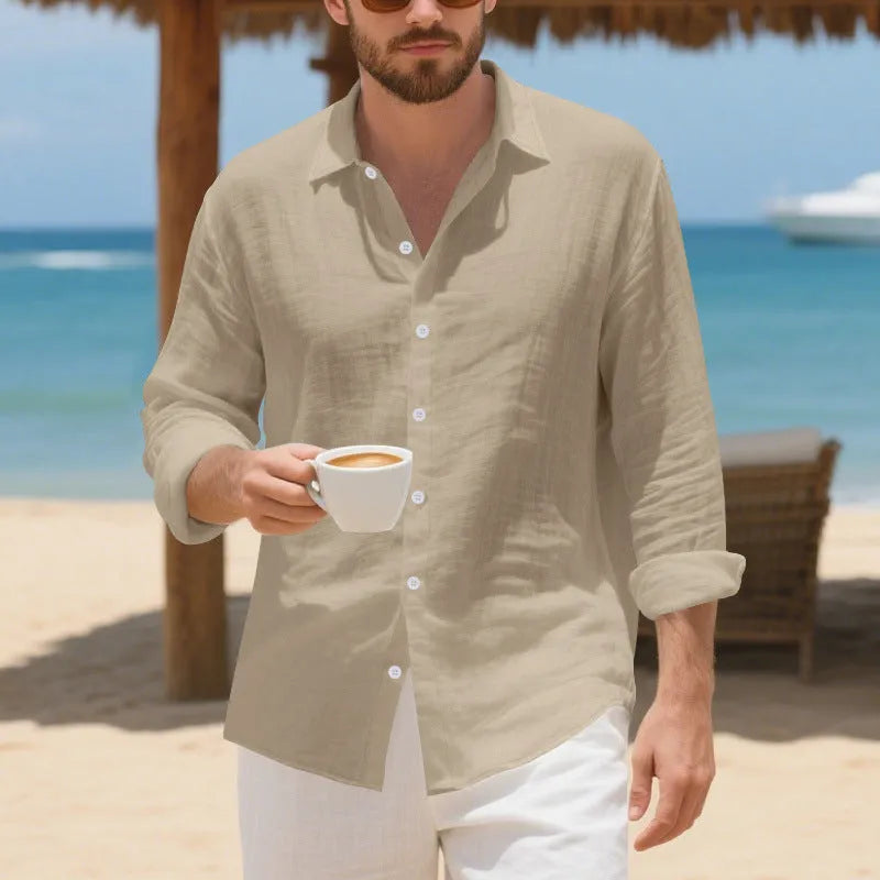 Man's casual linen shirt in loose American style fit, shown in light blue colour.