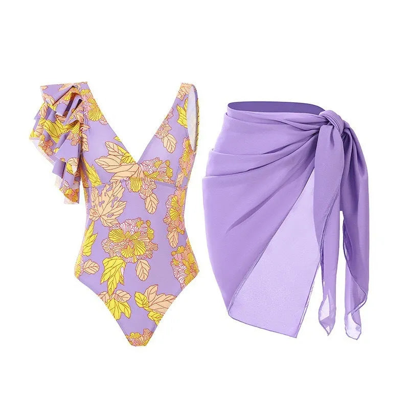 Women's solid colour one-piece swimsuit with spaghetti straps and a matching skirt