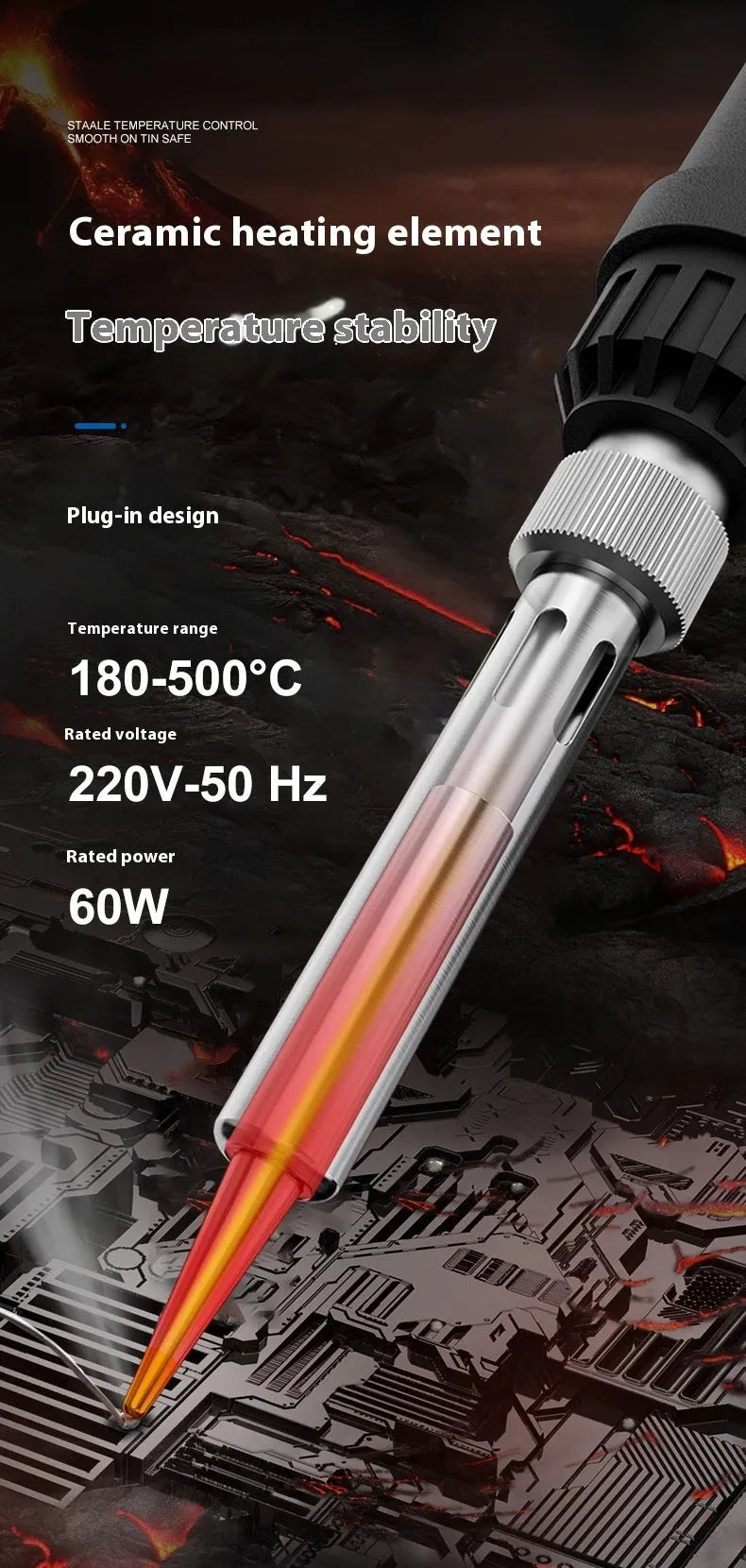 Grey 90W electric soldering iron with ceramic heating core, five soldering tips, and tin wire for household repairs
