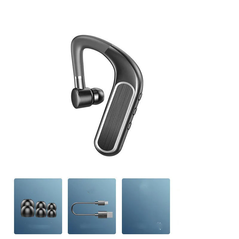 Black hanging-ear Bluetooth earphones with hook design, shown with charging case and spare ear caps.
