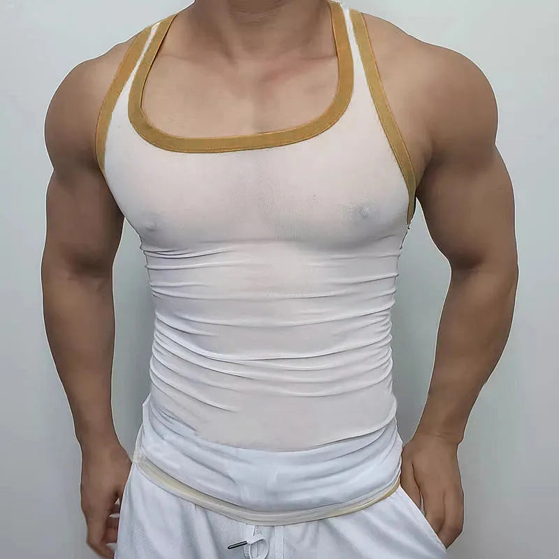 Men's black polyester mesh fitness vest with straight hem for sports activities
