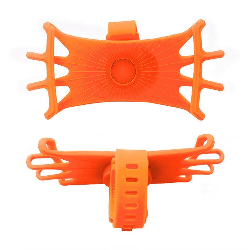 Universal bicycle mobile phone holder in black silicone on handlebar, showing front screen grip and mount belt