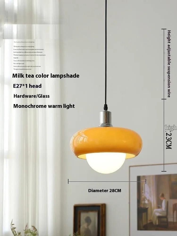 Milk white Bauhaus pendant light with three egg tart-shaped glass shades for bedroom or dining room