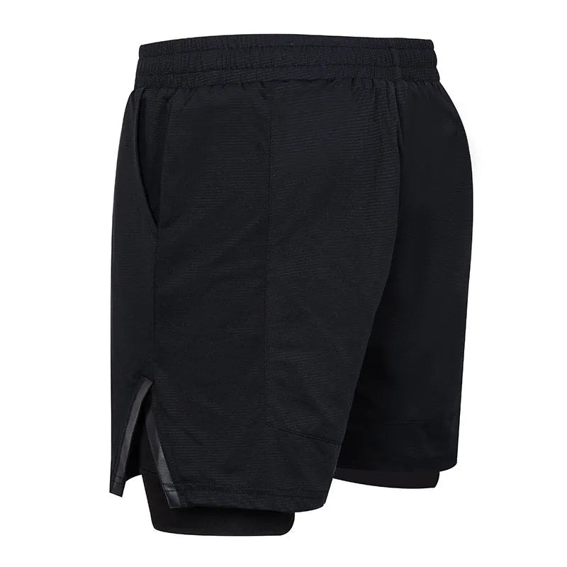 Men's plaid quick-drying sports shorts in polyester fabric shown in multiple colours.